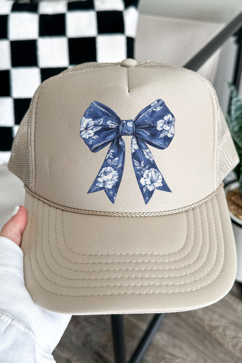 Imperial Blue Chinoiserie Bow Otto Style Khaki Colored Foam Front Trucker Hat for Fashionable Adults