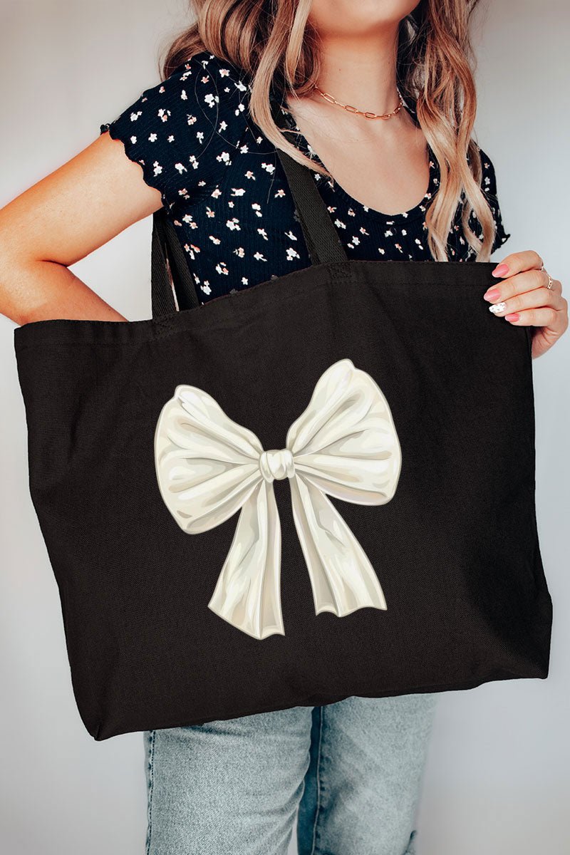 Ivory Elegant Coquette Bow Design Jumbo Canvas Tote Bag for Daily Use