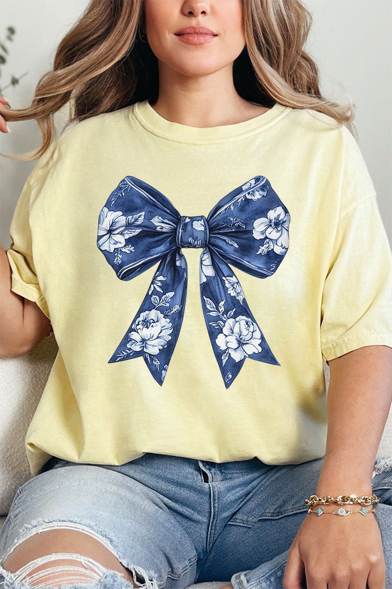Comfortable Adult Ring-Spun Cotton Tee with Imperial Blue Chinoiserie Bow Design