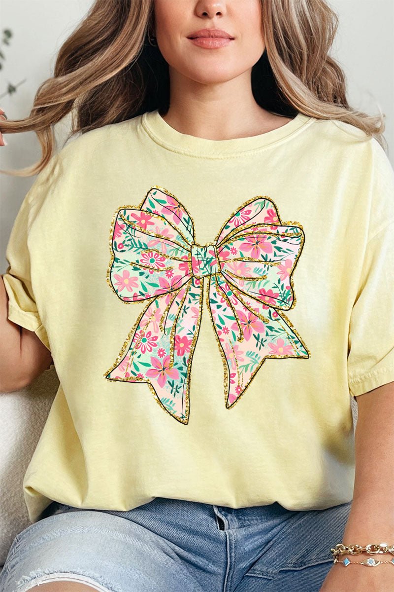 Comfortable Adult Ring-Spun Cotton Tee with Preppy Blossom Bow Design