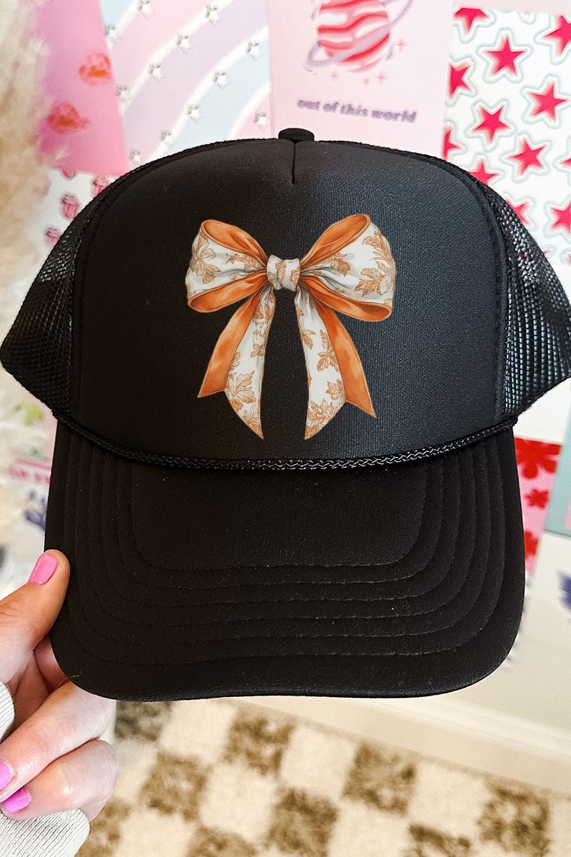 Otto Black Foam Front Trucker Hat with Orange Chinoiserie Bow Design