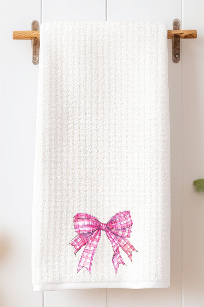 Stylish Hot Pink Checkered Bow Adorned Waffle-patterned Kitchen and Bathroom Tea Towel