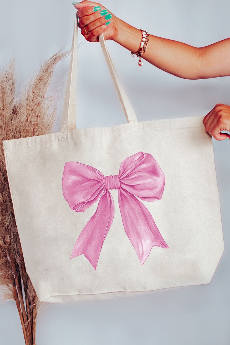 Large Pink Watercolor Bow Canvas Tote for Everyday Use