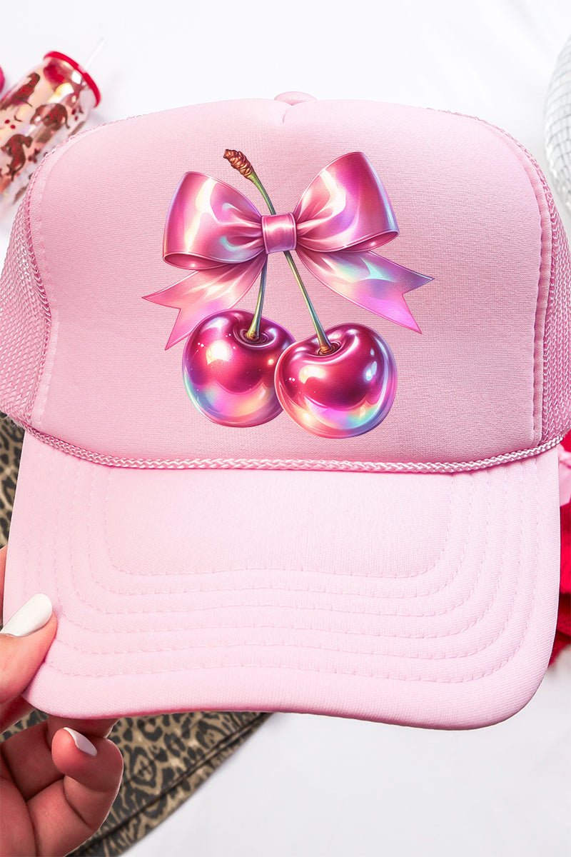 Fashionable Holographic Coquette Cherries Otto Soft Pink Foam Front Mesh Trucker Hat for Adults