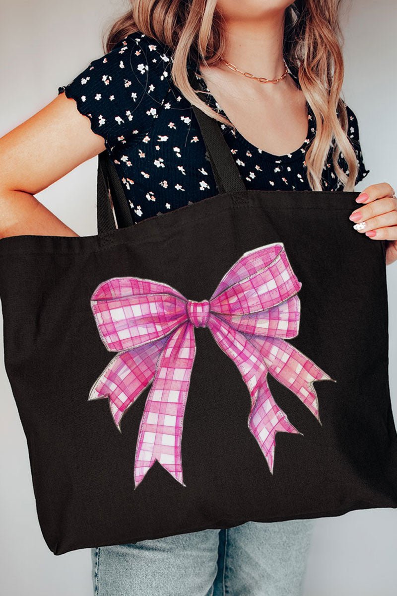 Stylish Hot Pink Gingham Bow Design Canvas Jumbo Tote Bag for Daily Use