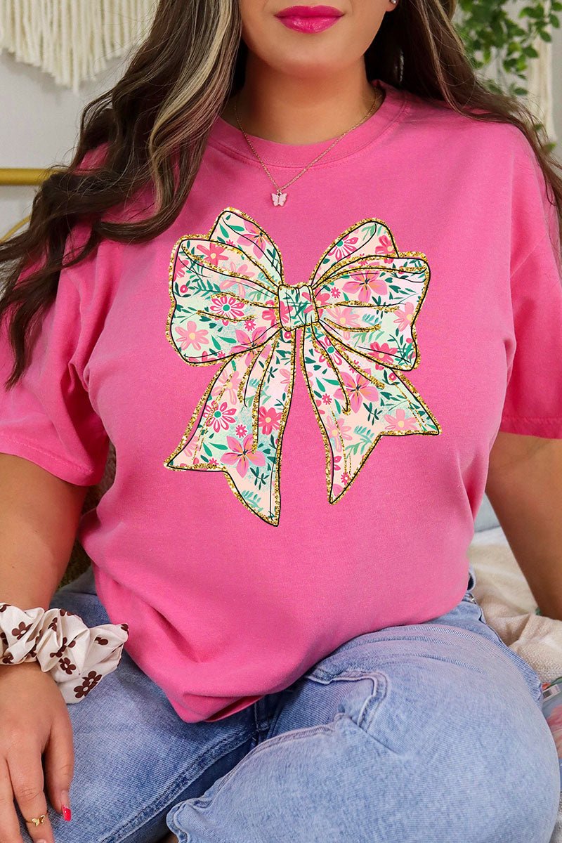 Comfortable Adult Ring-Spun Cotton Tee with Preppy Blossom Bow Design