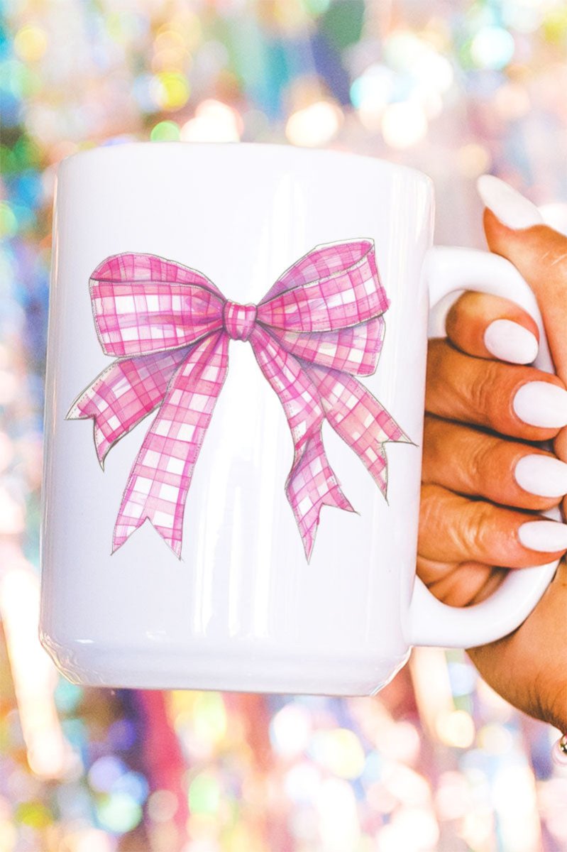 Stunning Hot Pink Checkered Bow Design Ceramic Coffee Mug for Beverage Enjoyment