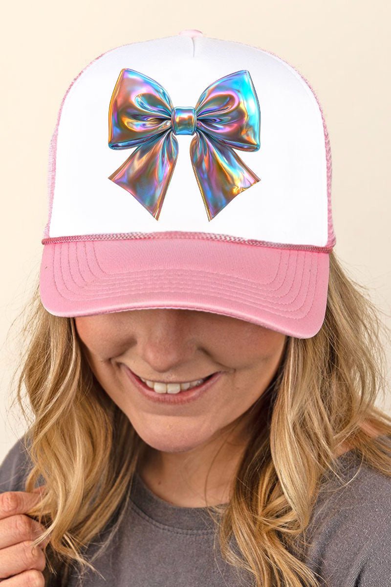 Fashionable Iridescent Satin Bow Design Foam Front and Mesh Back Trucker Style Baseball Cap