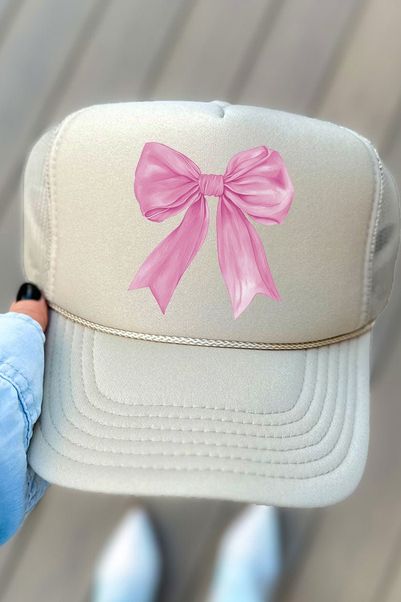 Otto Khaki Foam Front Trucker Hat with Pink Watercolor Bow Design