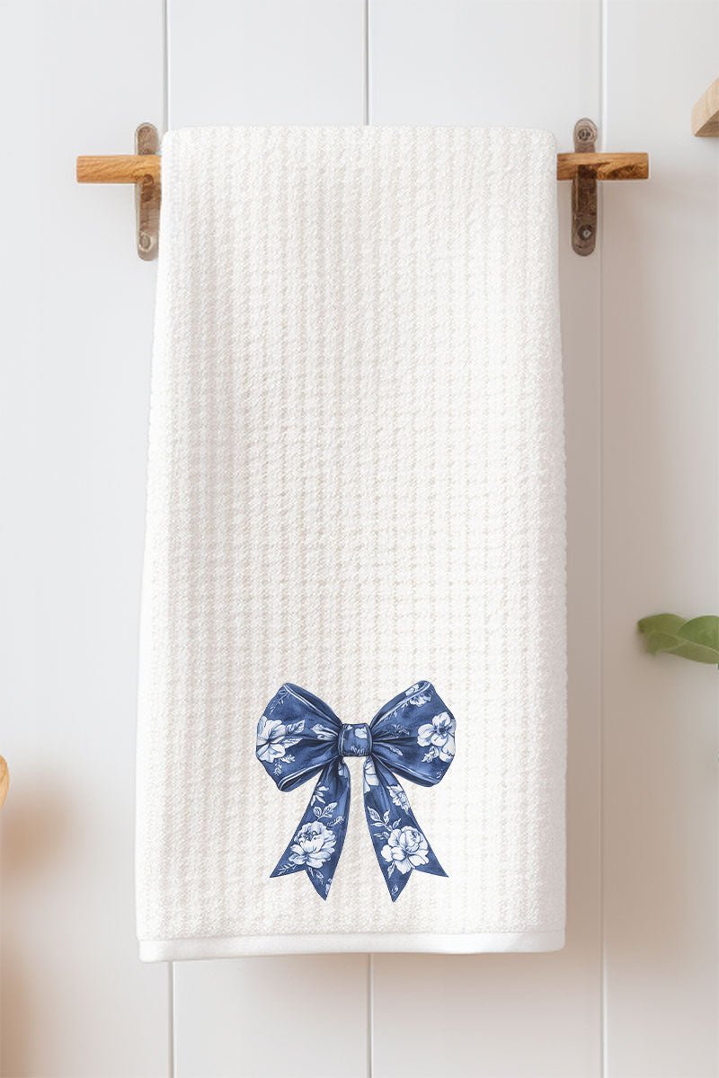 Stylish Imperial Blue Chinese - inspired Bow Waffle Design Kitchen Towel
