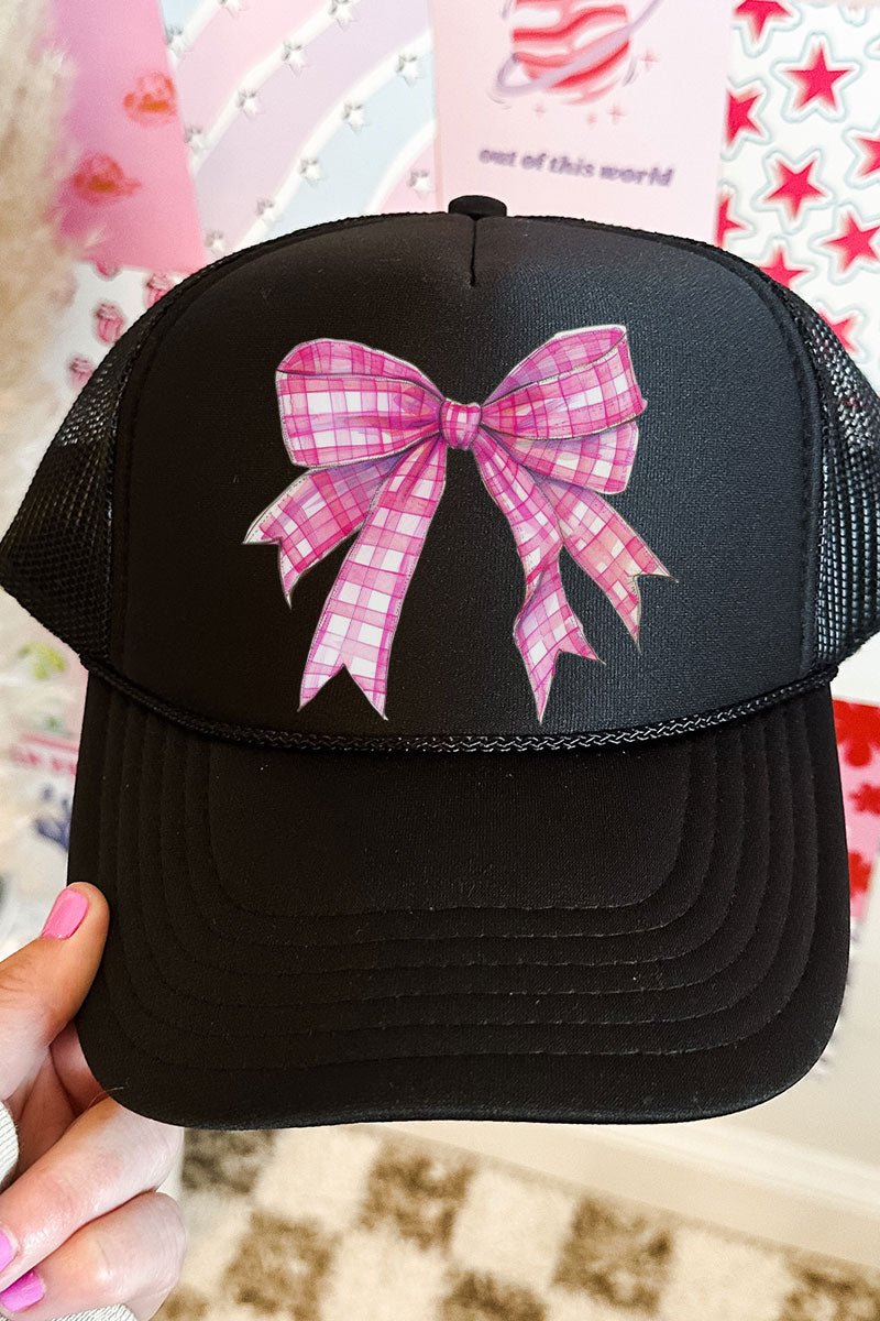 Otto Black Foam Front Trucker Hat with Hot Pink Gingham Bow Design