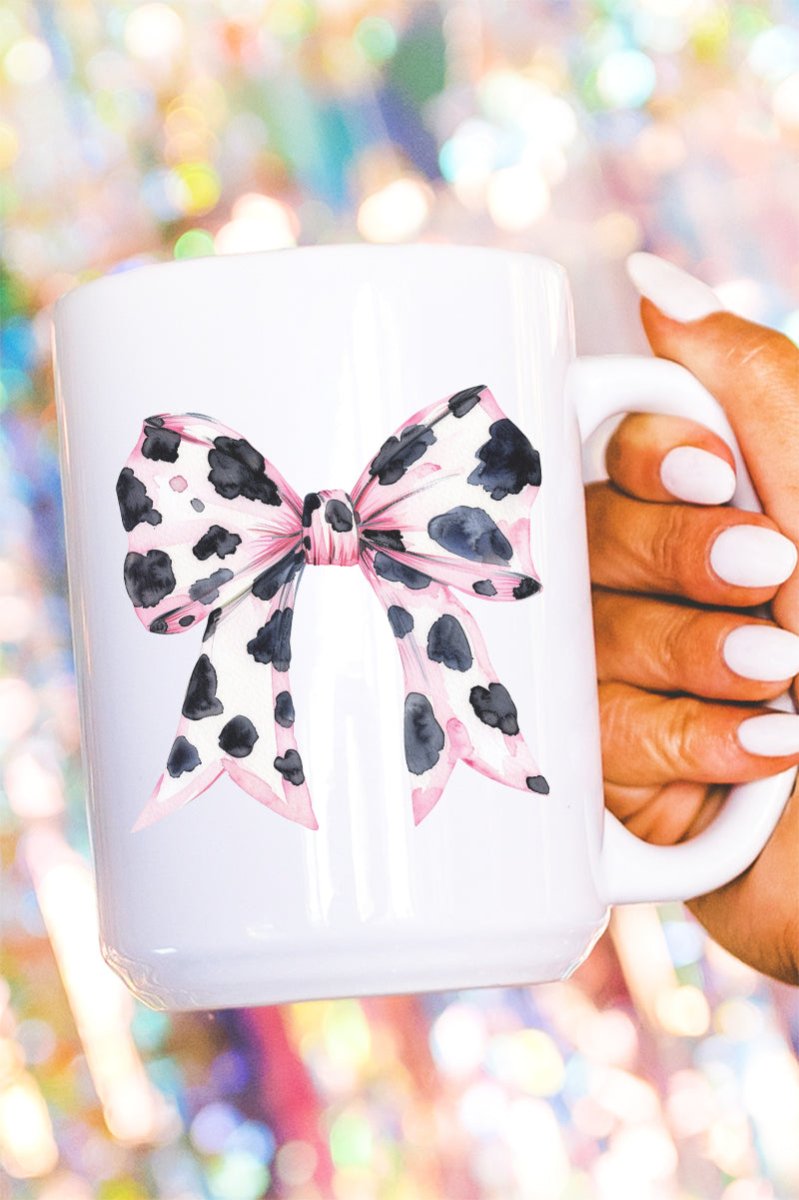 Pink Cow Coquette Style Decorative Bow Design Ceramic Drinking Mug
