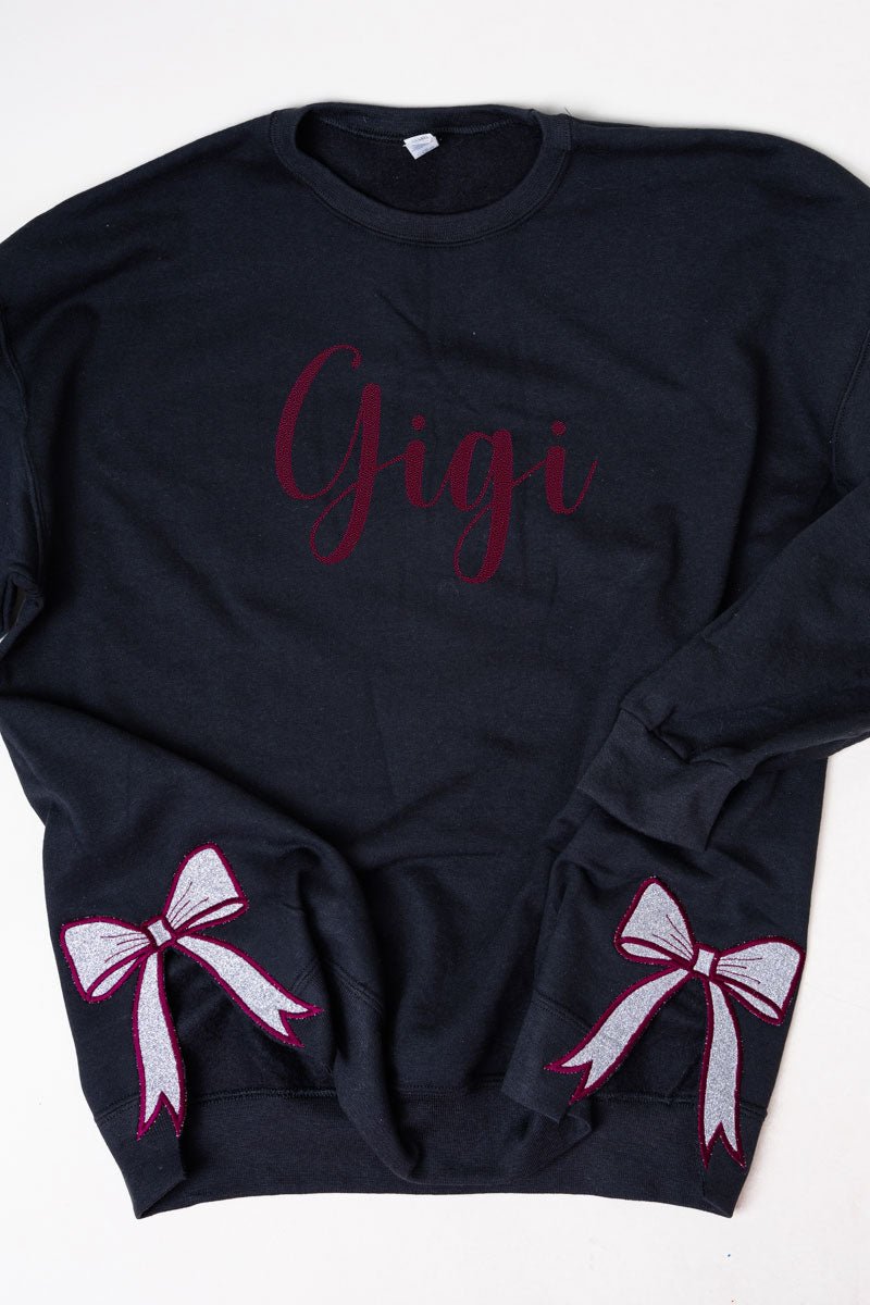 Customizable Heavy-weight Black Crew Sweatshirt with Embroidered Side Bows