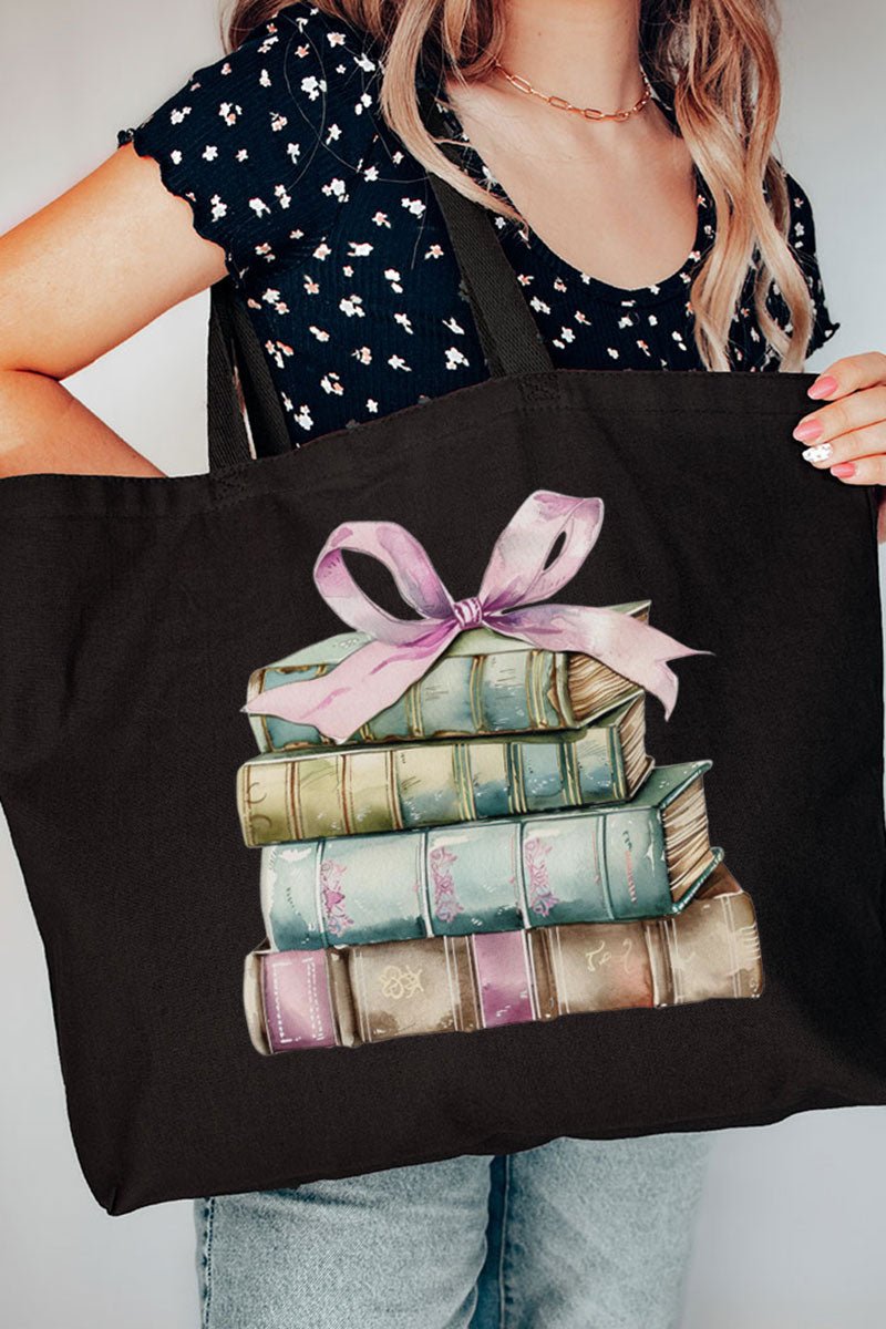Stylish Jumbo Canvas Tote with Bows And Books Graphic Design