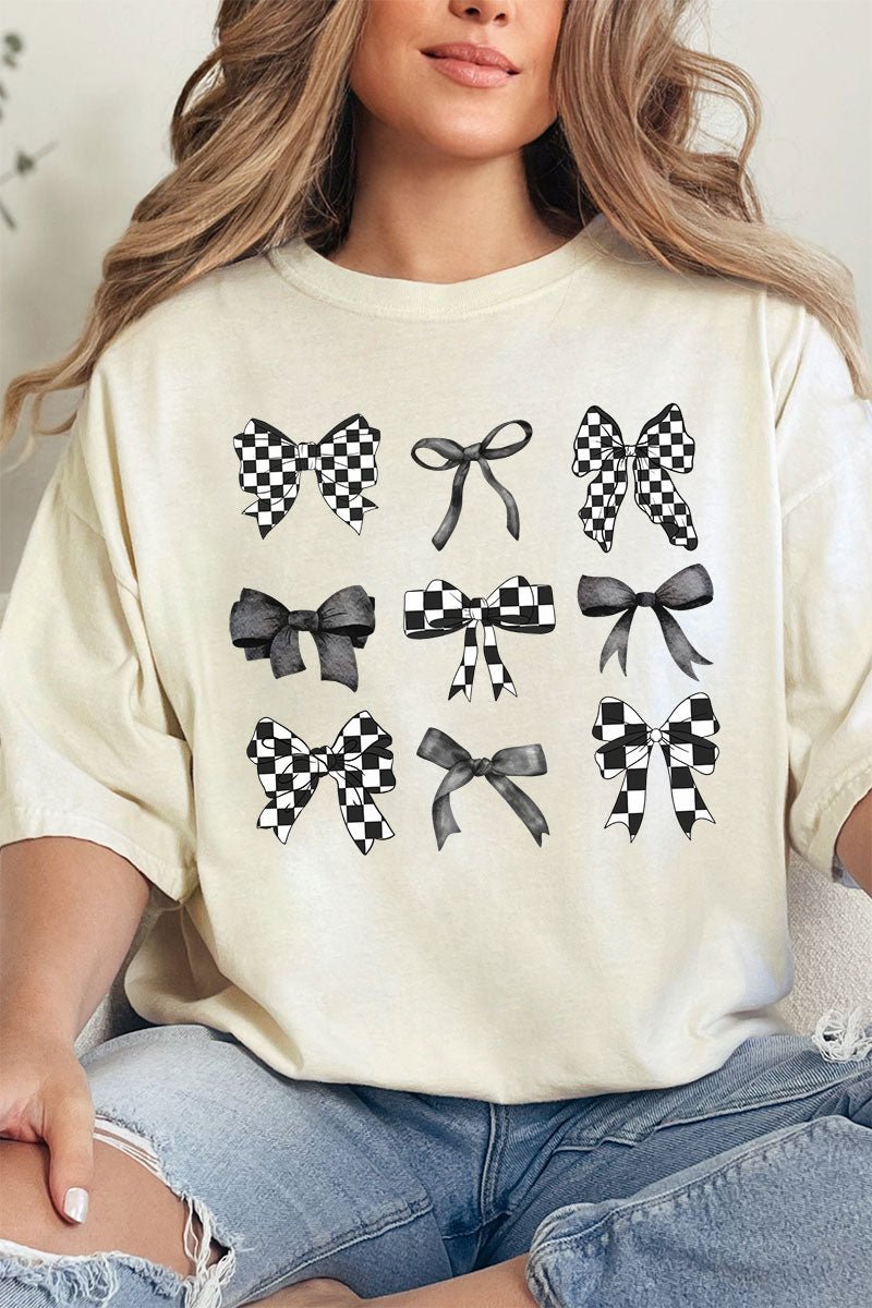 Retro Coquette Checkered Bows Comfortable Adult Ring-Spun Cotton Graphic Tee
