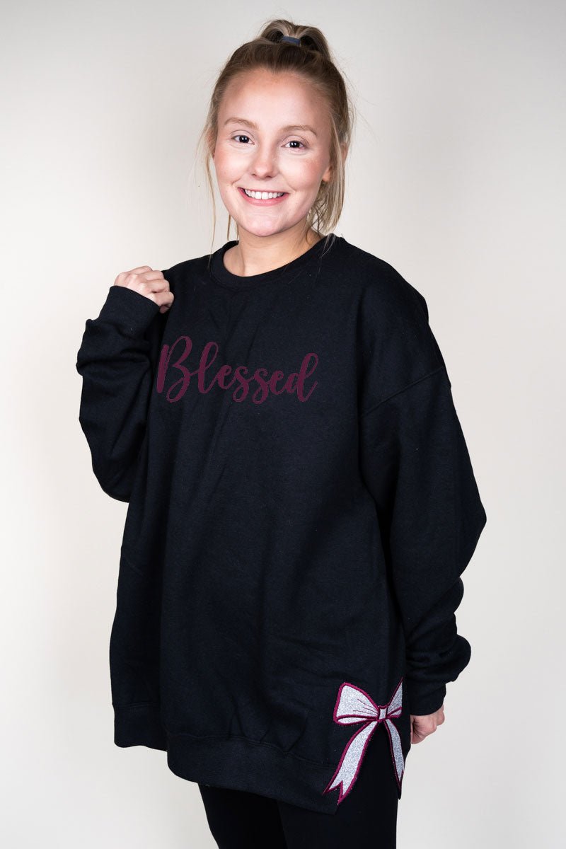Customizable Heavy-weight Black Crew Sweatshirt with Embroidered Side Bows
