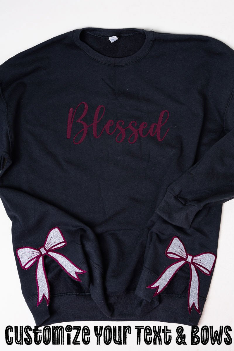 Customizable Heavy-weight Black Crew Sweatshirt with Embroidered Side Bows