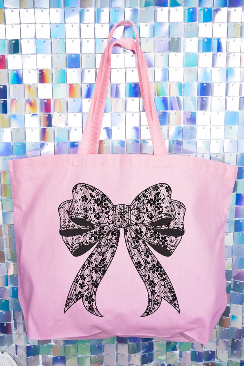 Black Colored Lace Bow Decorated Canvas Extra Large Jumbo Tote Bag