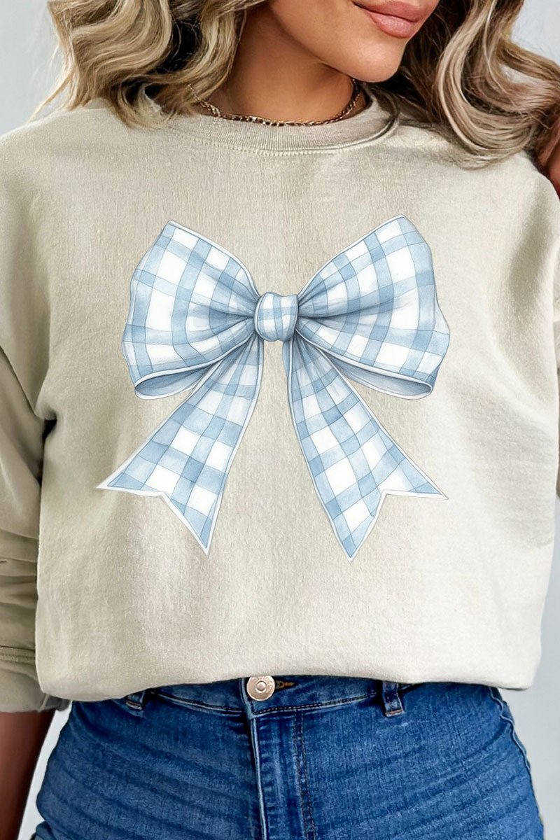 Unisex NuBlend Crew Neck Blue Gingham Bow Graphic Sweatshirt for Comfort and Style