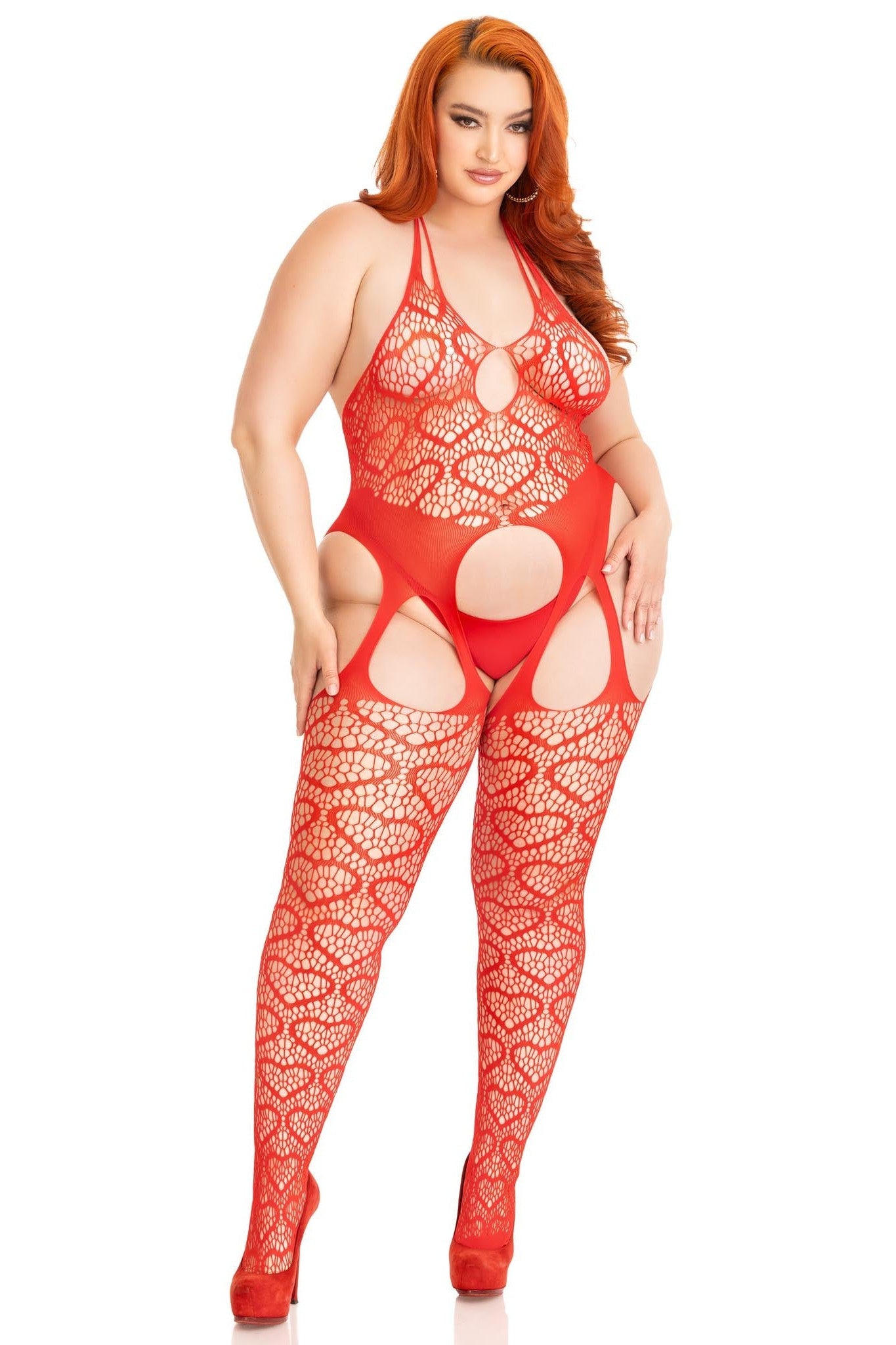 Plus Size Heart - Shaped Seamless Net Suspender Bodystocking