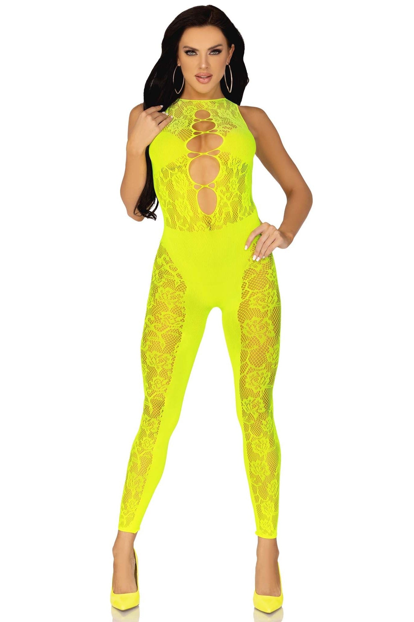 Leg Avenue Floral Convertible Footless Bodystocking with Elegant Opaque Panel Design
