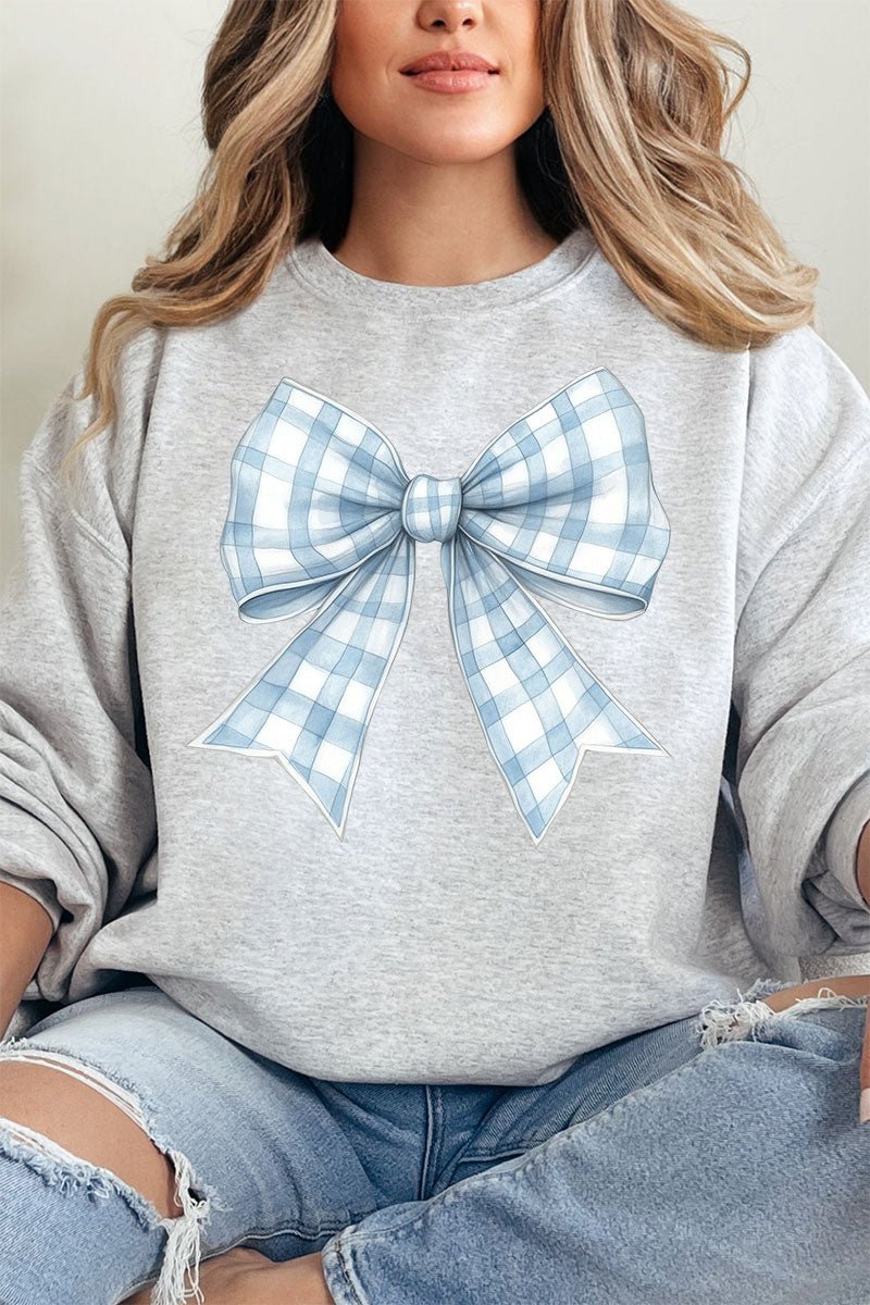 Unisex NuBlend Crew Neck Blue Gingham Bow Graphic Sweatshirt for Comfort and Style