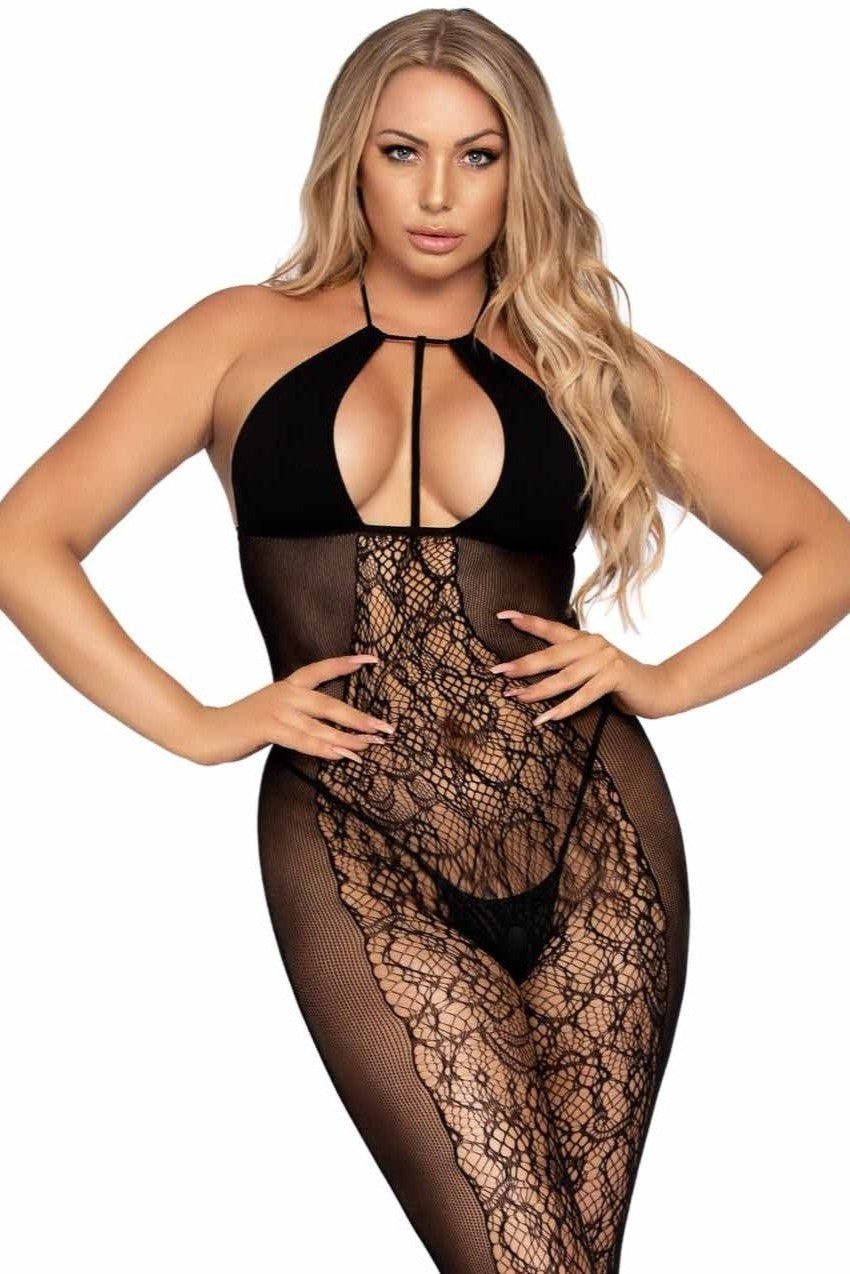 Opaque Lace Bodystocking with Keyhole Halter Neck Design