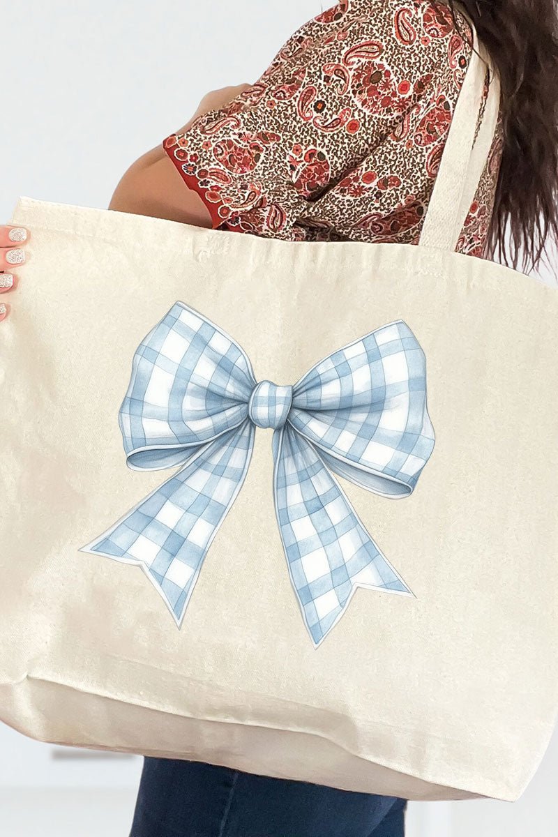 Blue Checkered Bow Design Canvas Extra - Large Jumbo Tote Bag