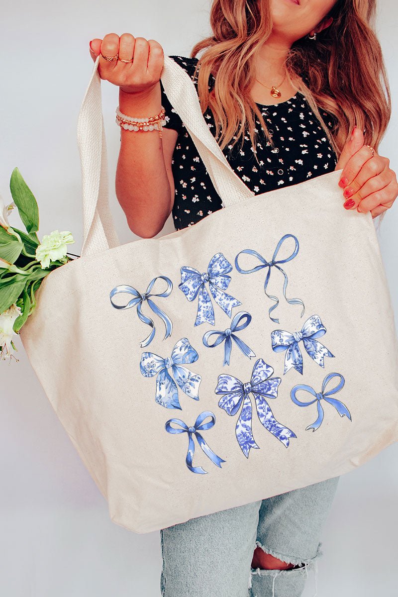 Large Blue Chinoiserie Bows Graphic Design Canvas Tote Bag for Everyday Use