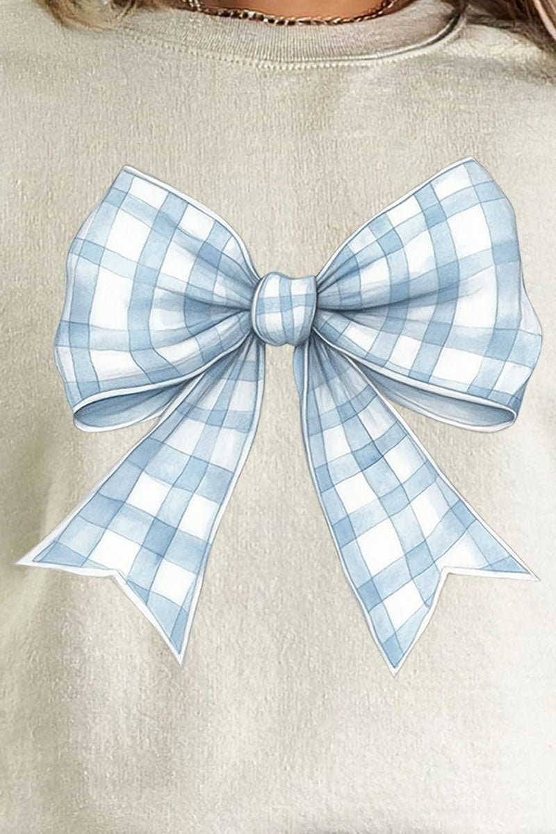 Unisex NuBlend Crew Neck Blue Gingham Bow Graphic Sweatshirt for Comfort and Style