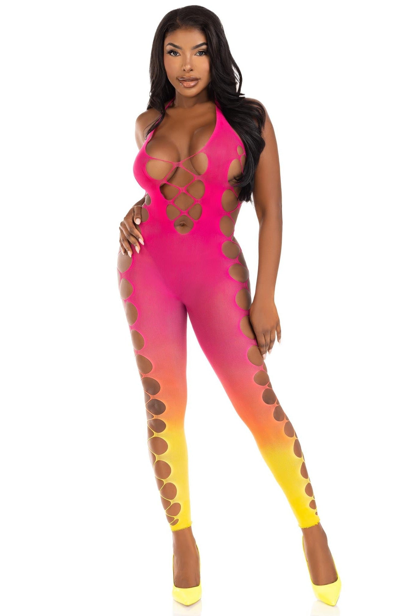 Seamless Gradient Effect Faux Lace - Up Style Footless Bodystocking for Fashionable Wear
