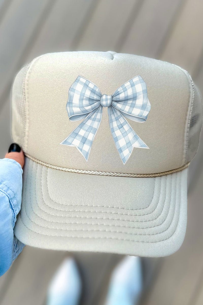 Otto Brand Khaki Blue Gingham Bow Design Foam Front Trucker Style Mesh Cap for Adults