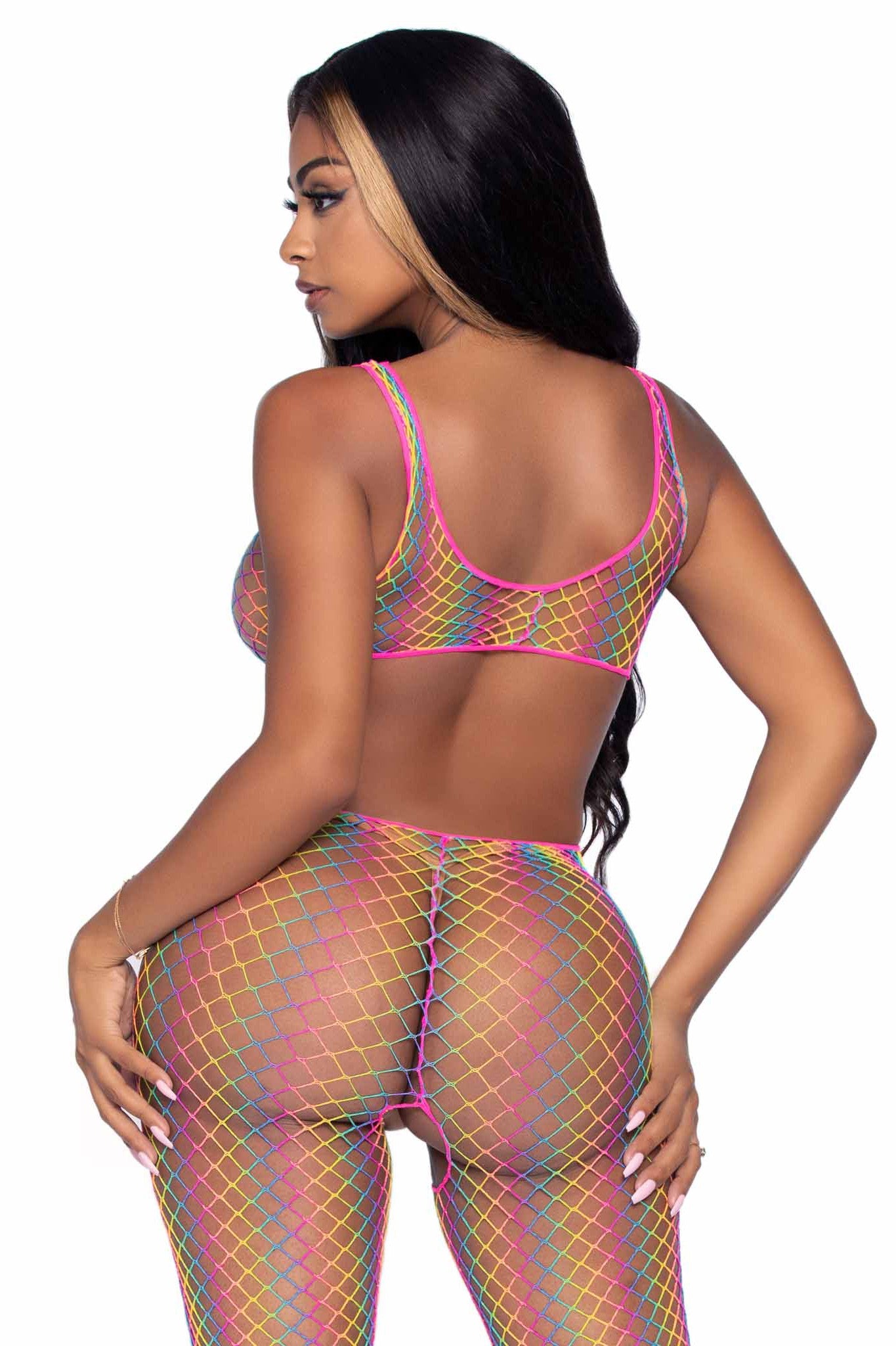 Rainbow Colored Net Design Cut-Out Style Footless Tank Bodystocking for Fashionable Wear