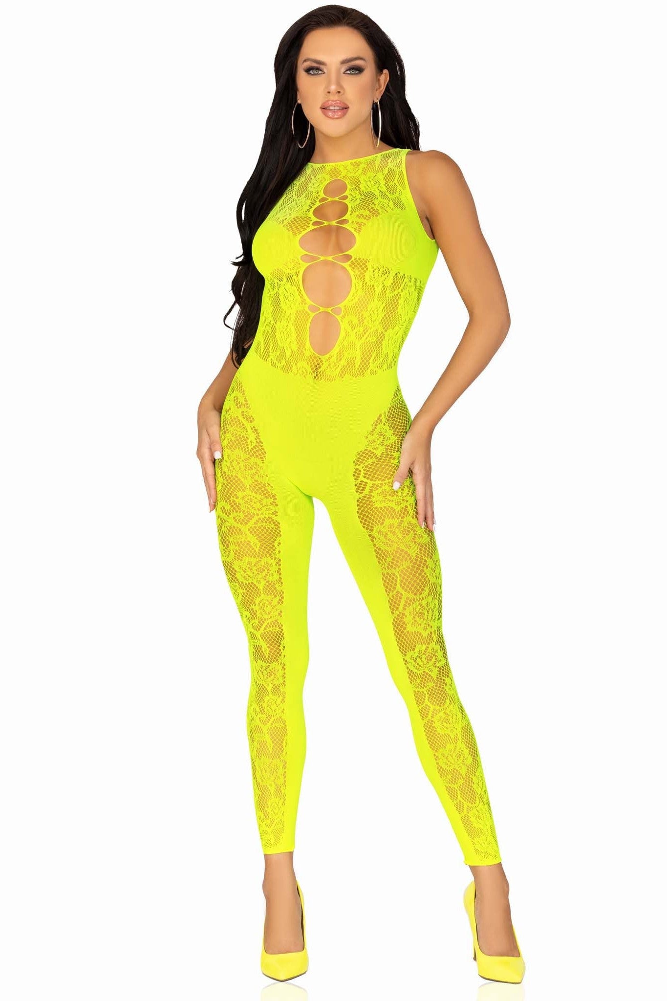 Leg Avenue Floral Convertible Footless Bodystocking with Elegant Opaque Panel Design
