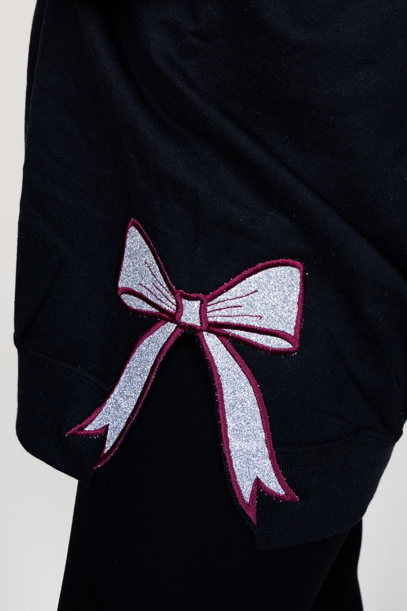 Customizable Heavy-weight Black Crew Sweatshirt with Embroidered Side Bows