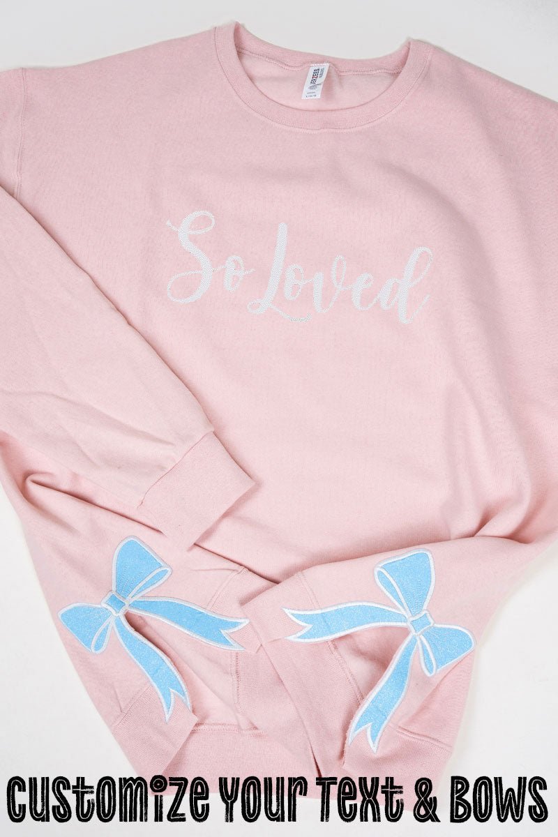 Customizable Blush Pink Embroidered Side Bows Unisex NuBlend Crew Neck Sweatshirt - Design Your Own Text and Bows